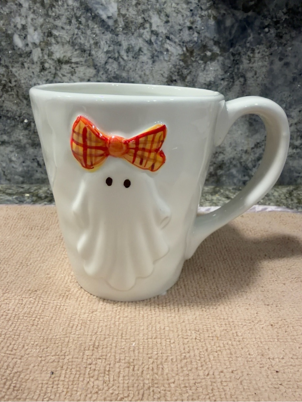 NWT Marshalls Ghost Mug Ceramic Halloween Coffee Cup Plaid Bow Cute Spooky